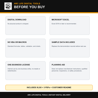 Excel compatibility, digital delivery, and one-business license details