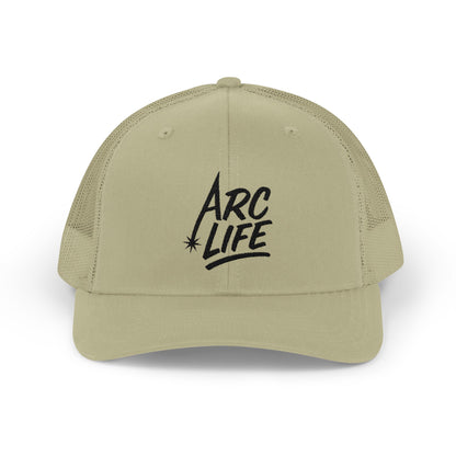 Arc Life Snapback Trucker Hat, Light Color, black text