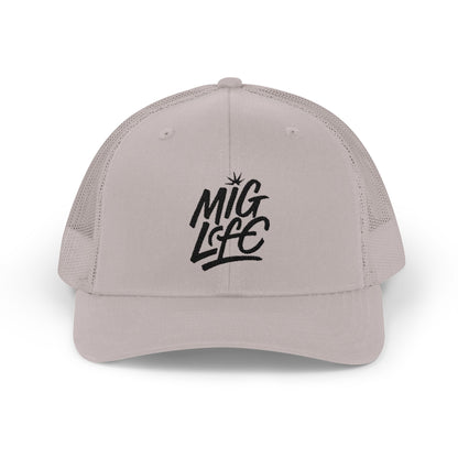 MIG Life Snapback Trucker Hat, Light Color, Black Text