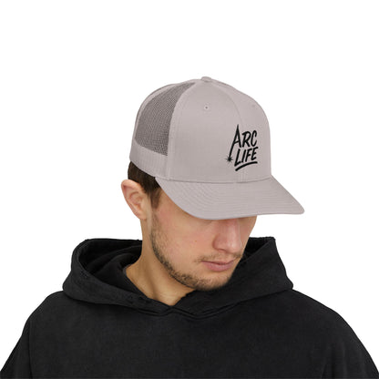 Arc Life Snapback Trucker Hat, Light Color, black text