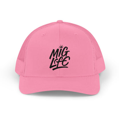 MIG Life Snapback Trucker Hat, Light Color, Black Text