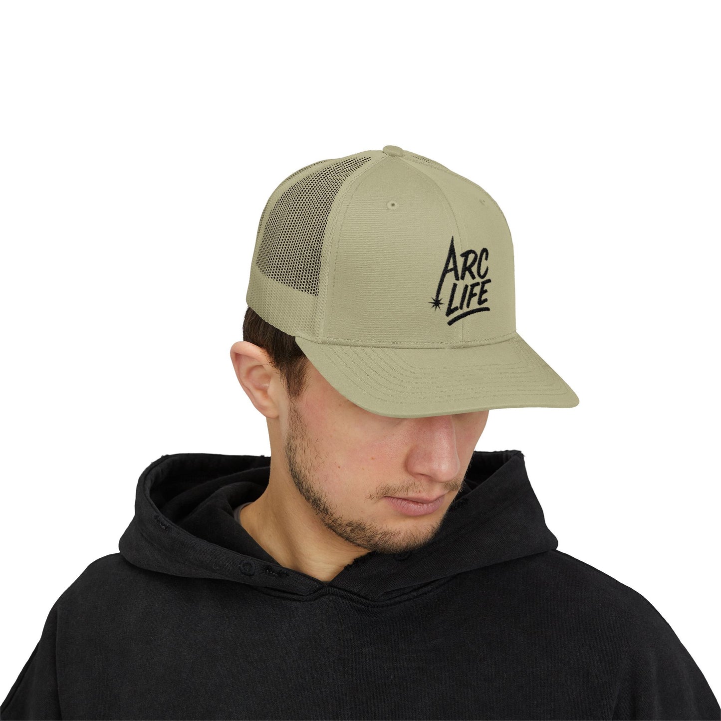 Arc Life Snapback Trucker Hat, Light Color, black text
