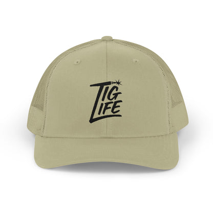 TIG Life Snapback Trucker Hat, Light Color, Black Text