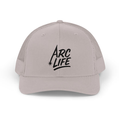 Arc Life Snapback Trucker Hat, Light Color, black text