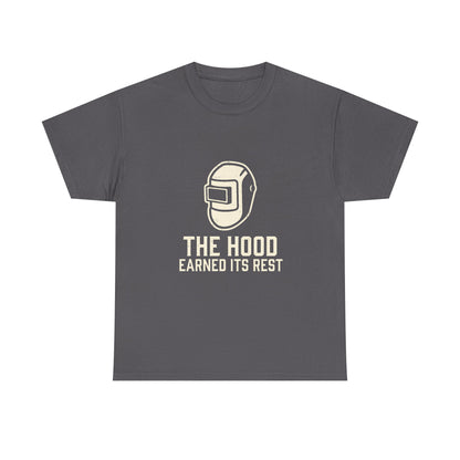 Welding Helmet Tee — "The Hood Earned Its Rest" Vintage Welding Shirt
