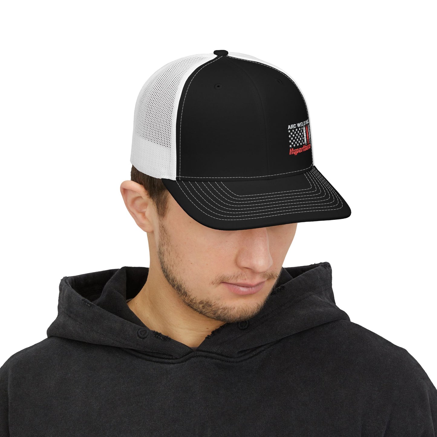 Arc Weld Co. Trucker Hat – American Flag Mesh Snapback Cap for Welders & Tradesmen