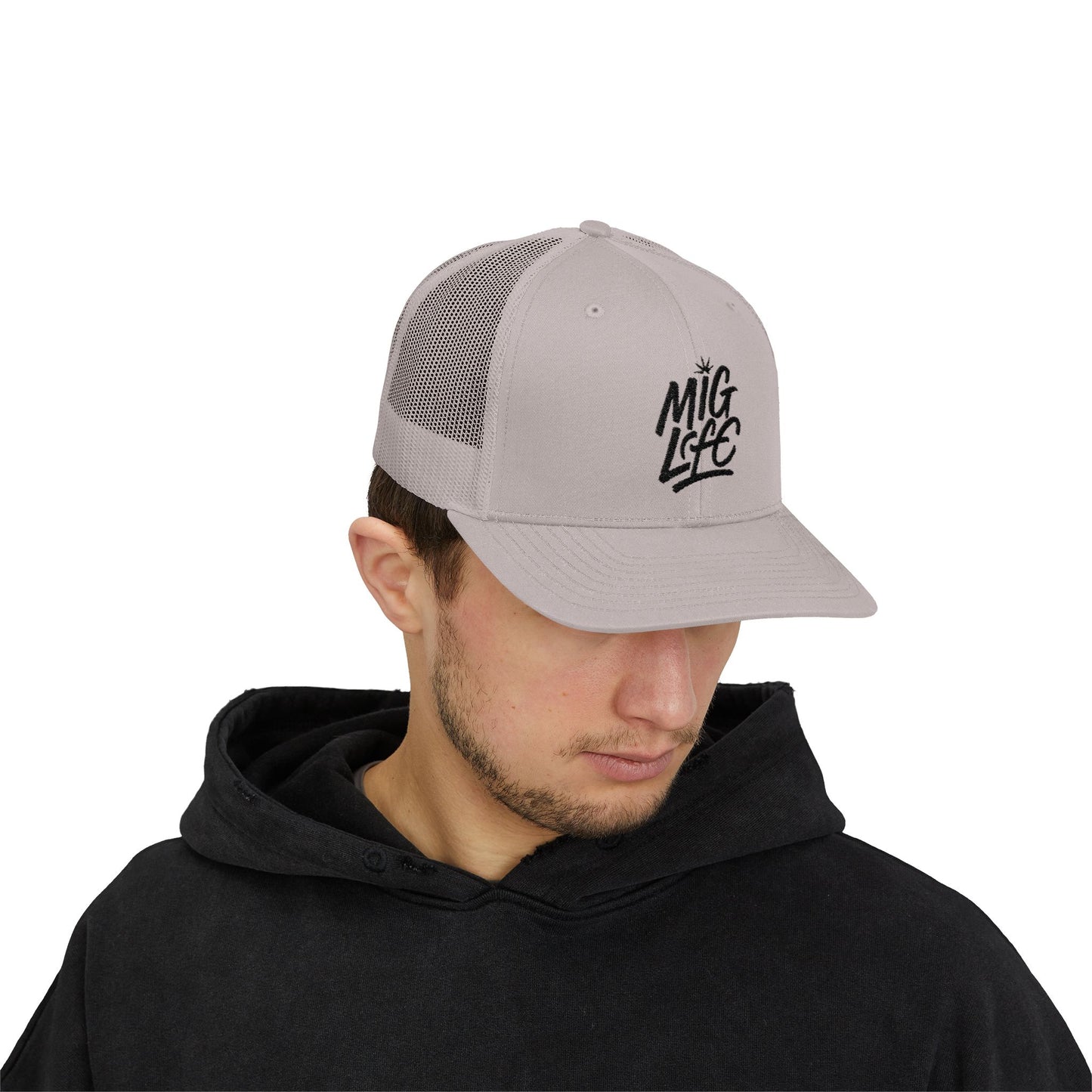 Mig Life Snapback Trucker Hat, Light Color, Black Text