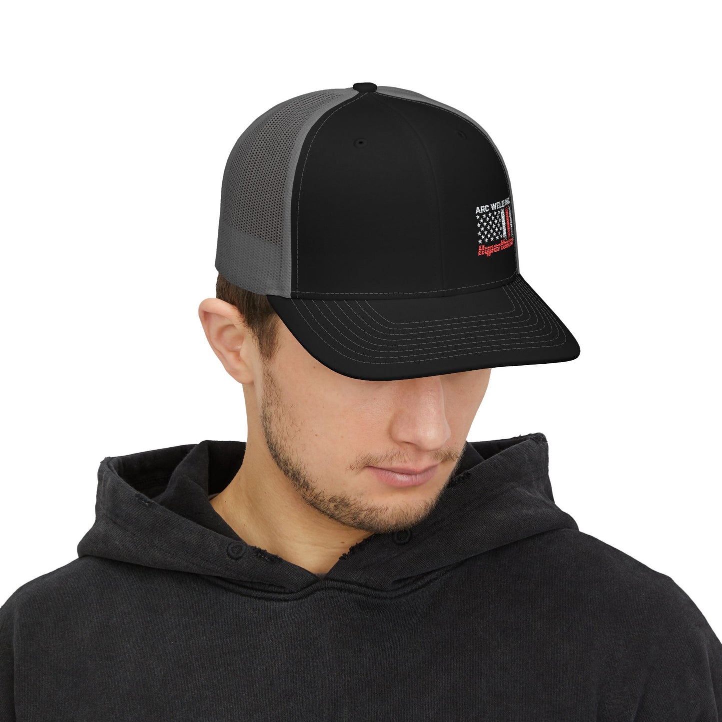 Arc Weld Co. Trucker Hat – American Flag Mesh Snapback Cap for Welders & Tradesmen