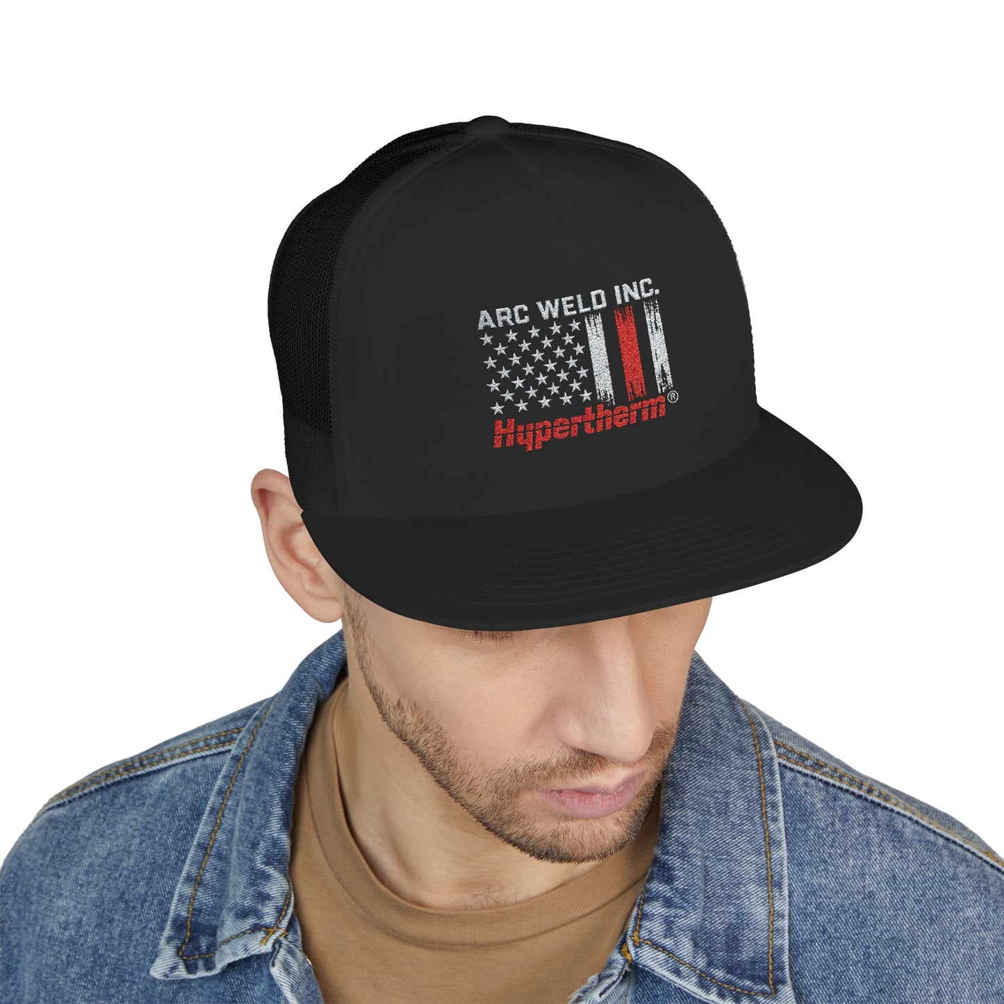 Arc Weld Inc. Trucker Cap — American Flag Welding Hat with 'Hypertherm' Accent