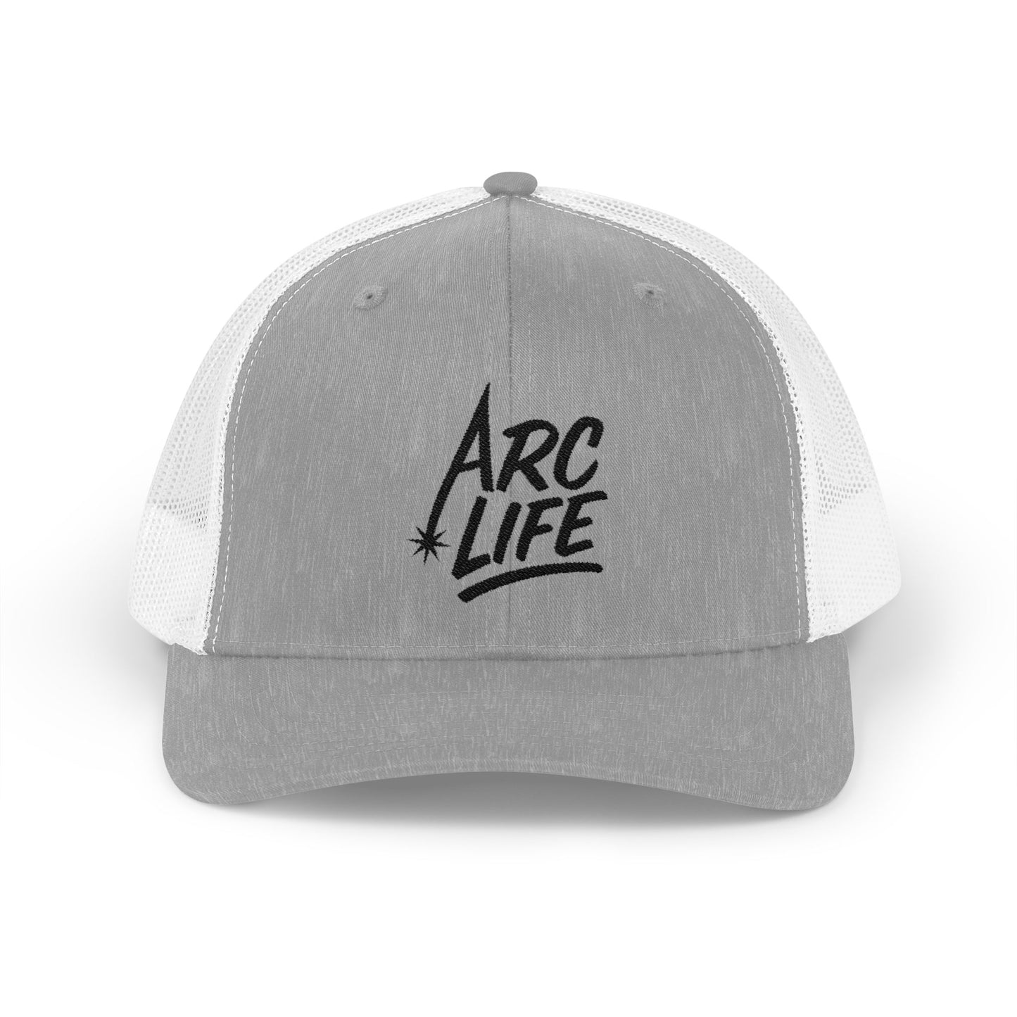 Arc Life Snapback Trucker Hat, Light Color, black text