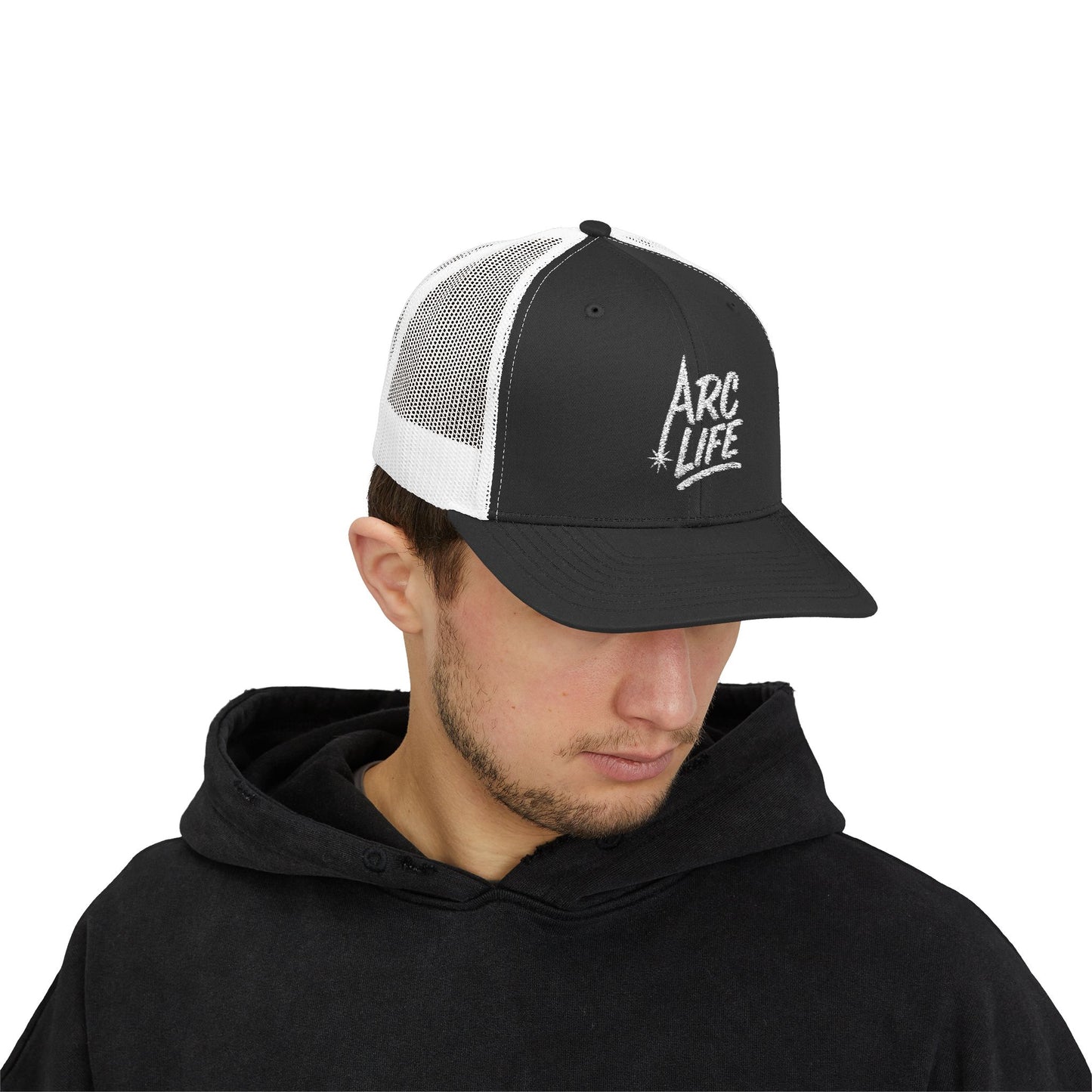 Arc Life Snapback Trucker Cap, Dark with white text