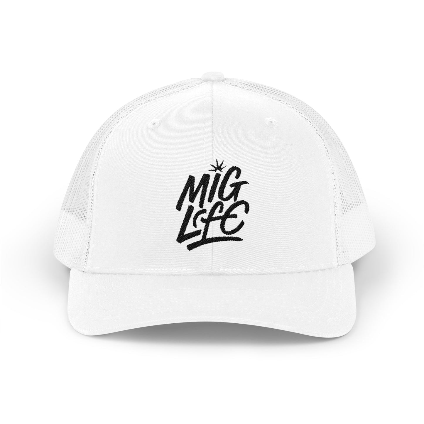 Mig Life Snapback Trucker Hat, Light Color, Black Text