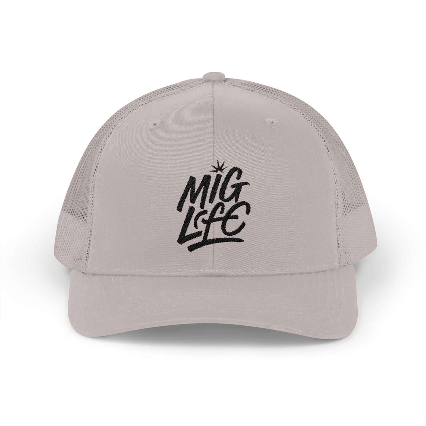 Mig Life Snapback Trucker Hat, Light Color, Black Text