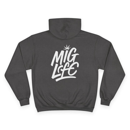 Mig Life Circle Logo Hoodie, Champion Pullover, Dark Color