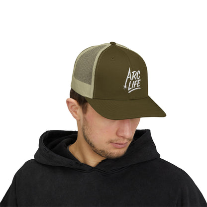 Arc Life Snapback Trucker Cap, Dark with white text