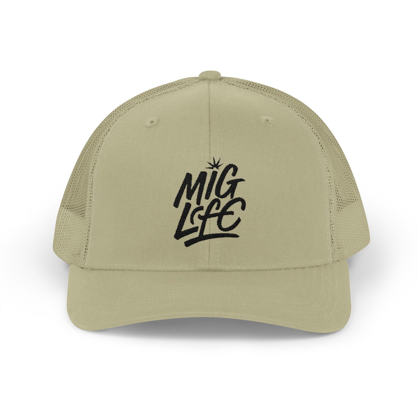 Mig Life Snapback Trucker Hat, Light Color, Black Text