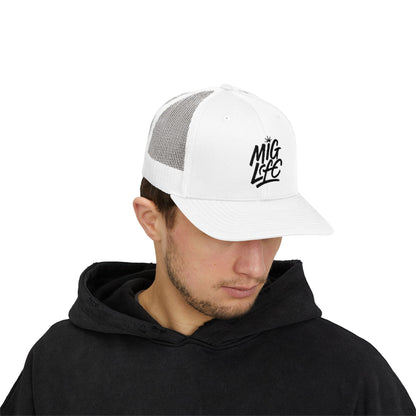 MIG Life Snapback Trucker Hat, Light Color, Black Text