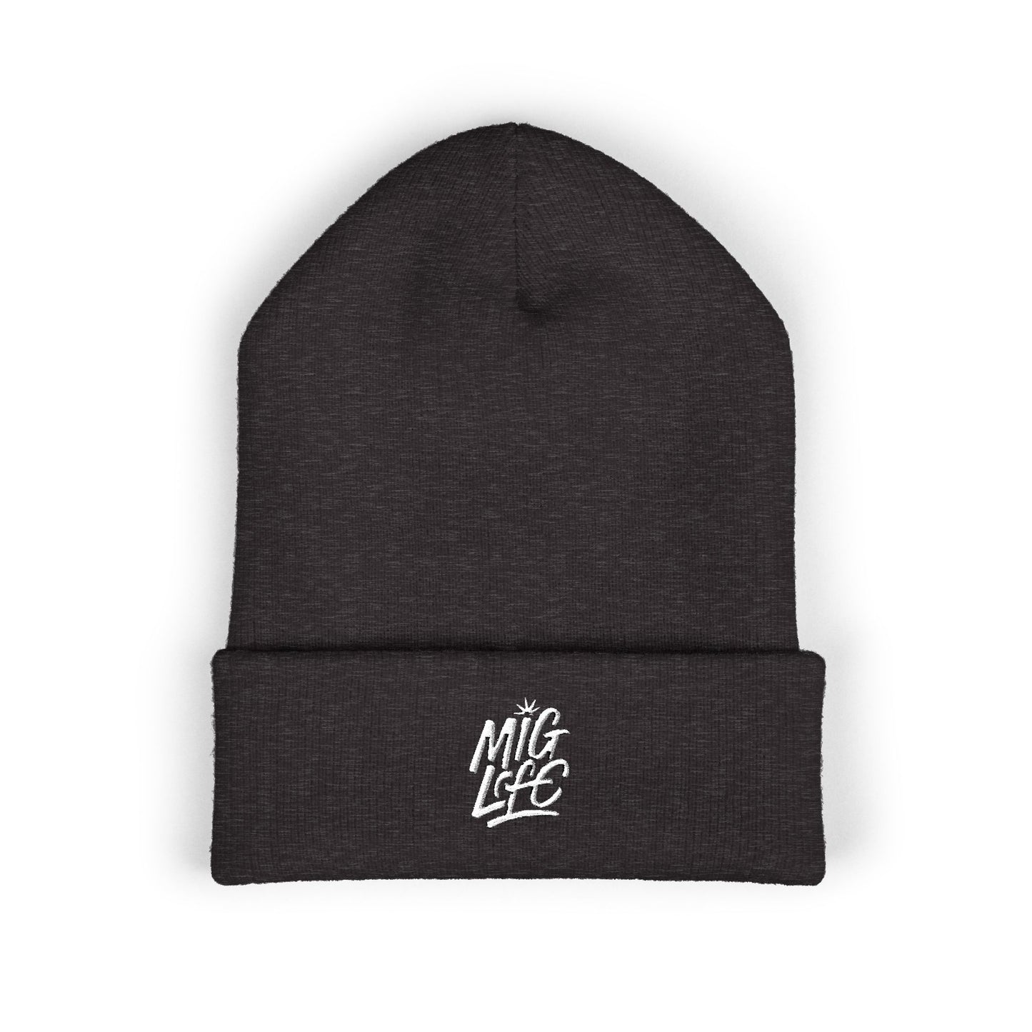 Mig Life Embroidered Cuffed Beanie, Dark Color