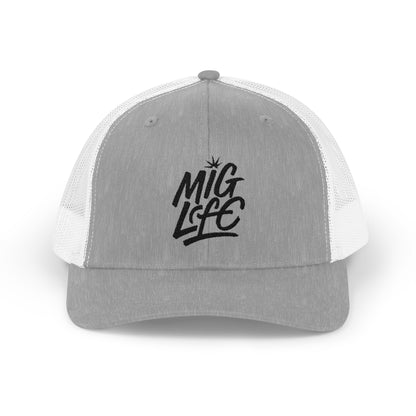 MIG Life Snapback Trucker Hat, Light Color, Black Text