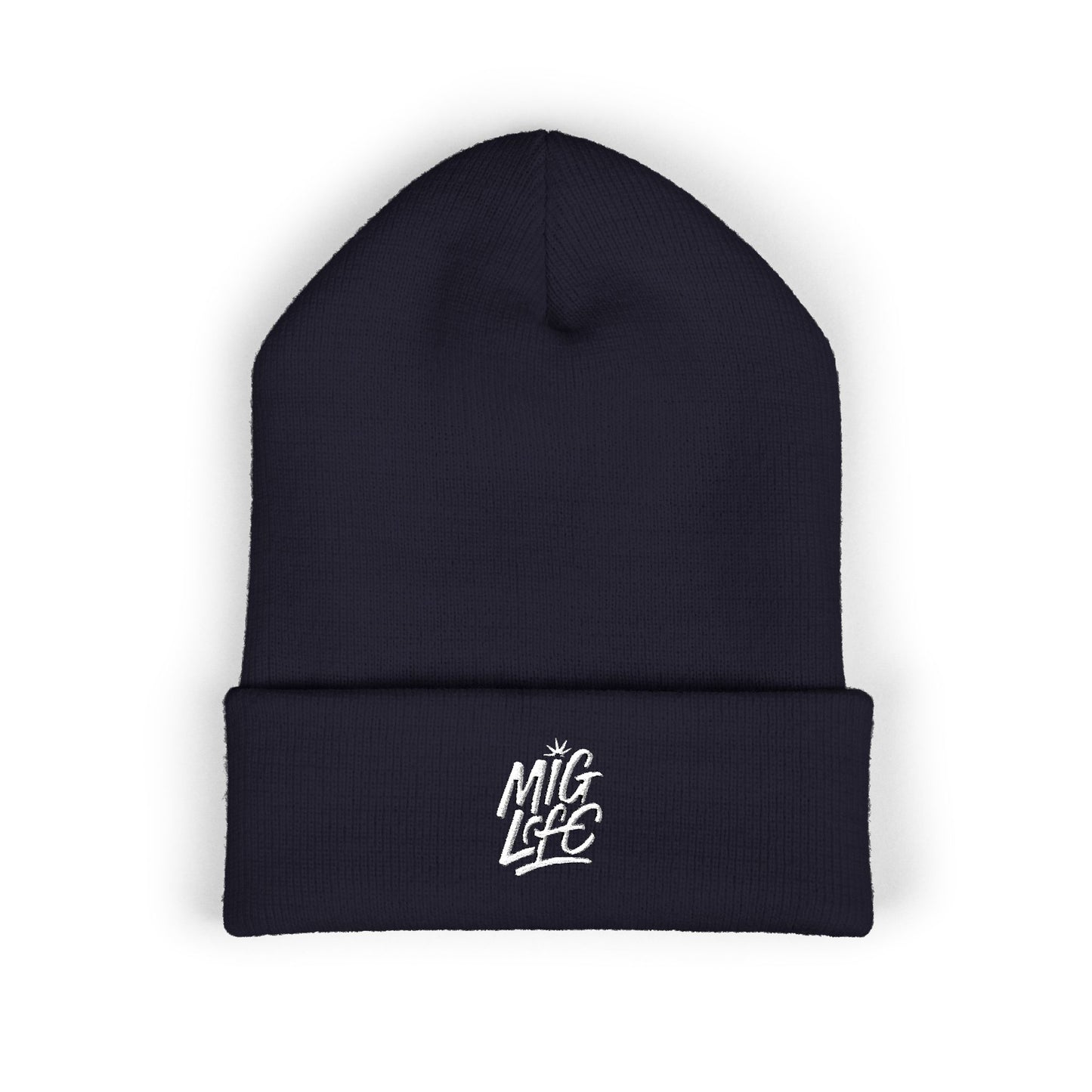 Mig Life Embroidered Cuffed Beanie, Dark Color