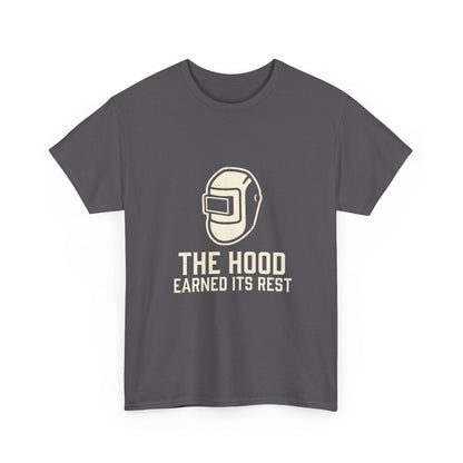 Welding Helmet Tee — "The Hood Earned Its Rest" Vintage Welding Shirt