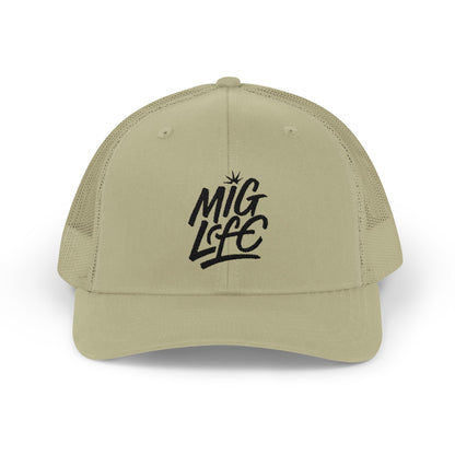 MIG Life Snapback Trucker Hat, Light Color, Black Text