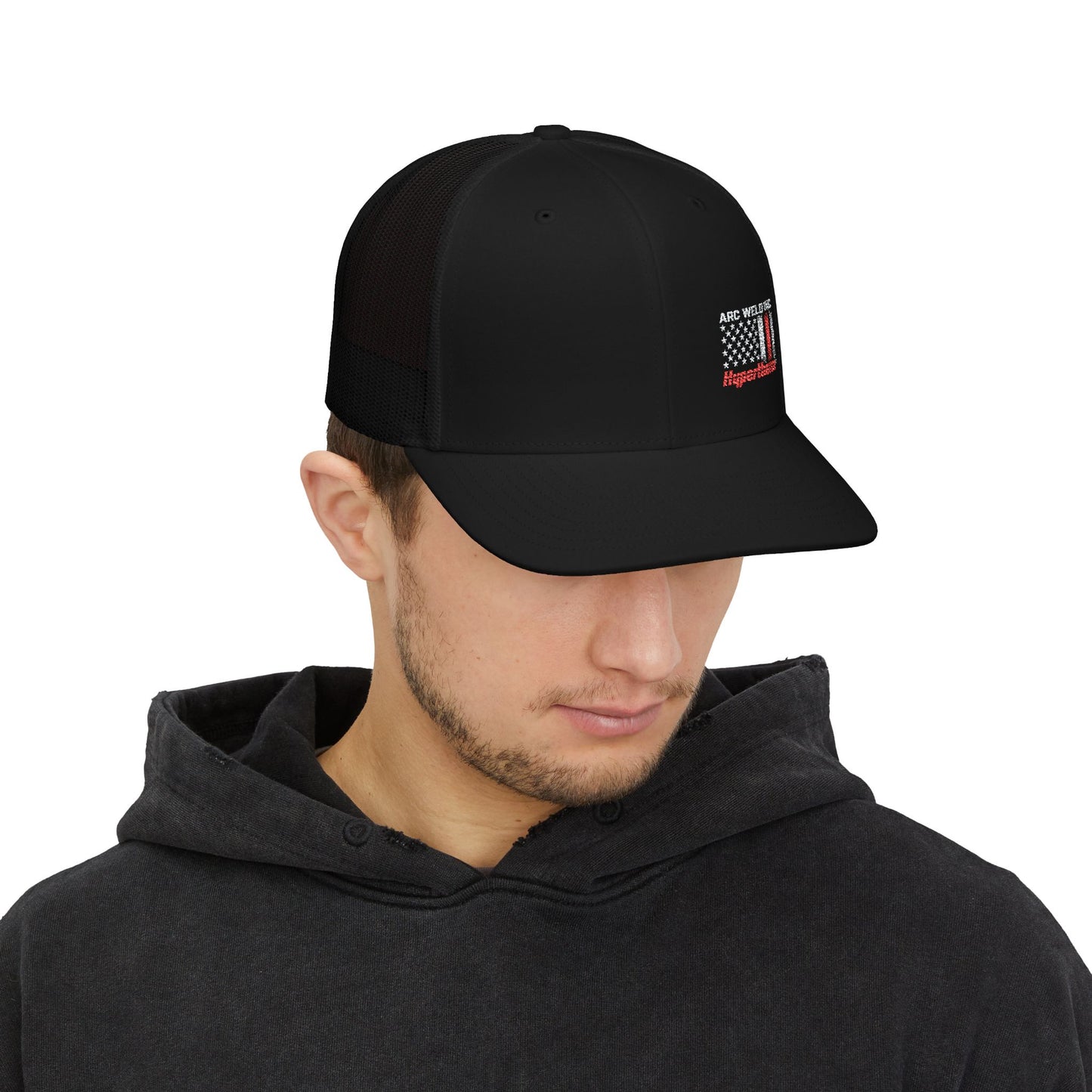 Arc Weld Co. Trucker Hat – American Flag Mesh Snapback Cap for Welders & Tradesmen