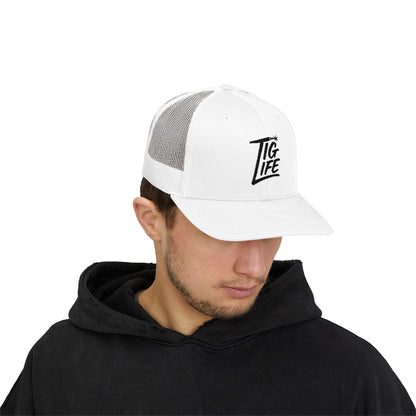TIG Life Snapback Trucker Hat, Light Color, Black Text