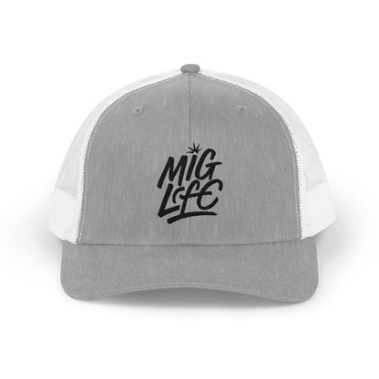 Mig Life Snapback Trucker Hat, Light Color, Black Text