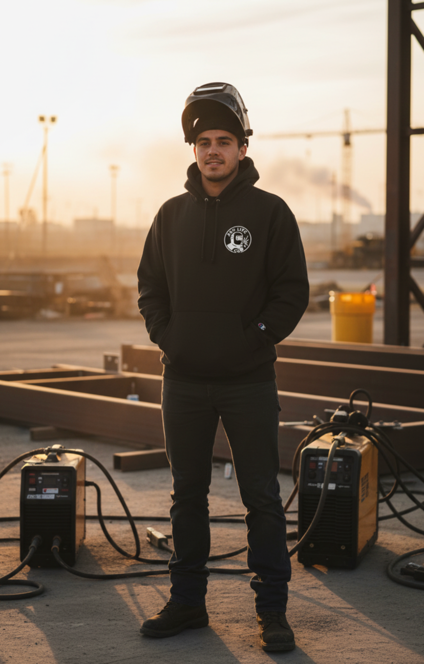 Arc Life Circle Logo Hoodie, Fume and Fire Quote, Champion Pullover, Dark Color