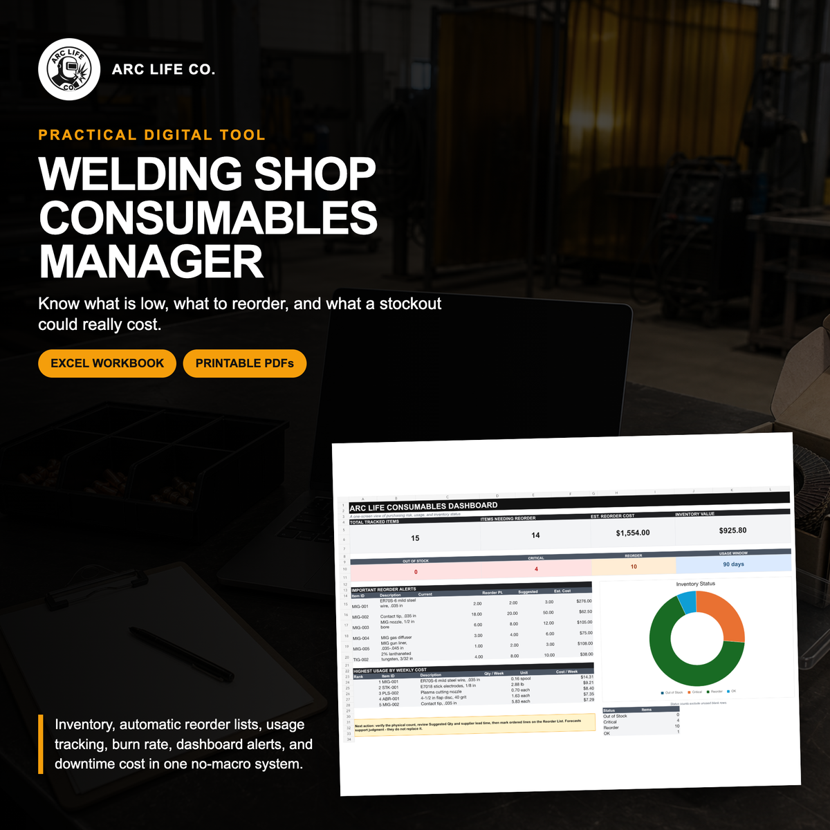 Arc Life Welding Shop Consumables Manager Excel dashboard shown on a laptop in a welding shop.