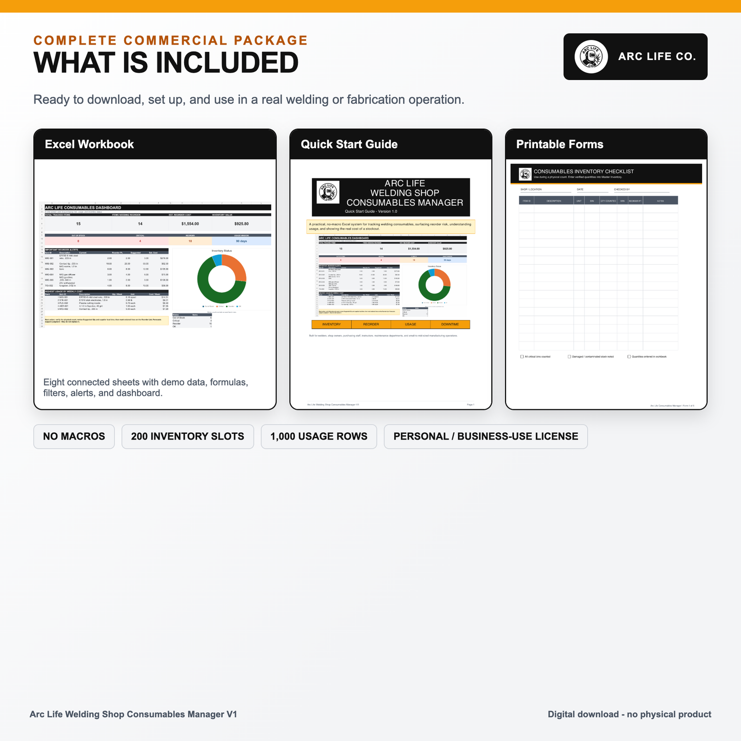 Excel consumables manager, quick start guide, printable forms, and license included in the Arc Life digital download.