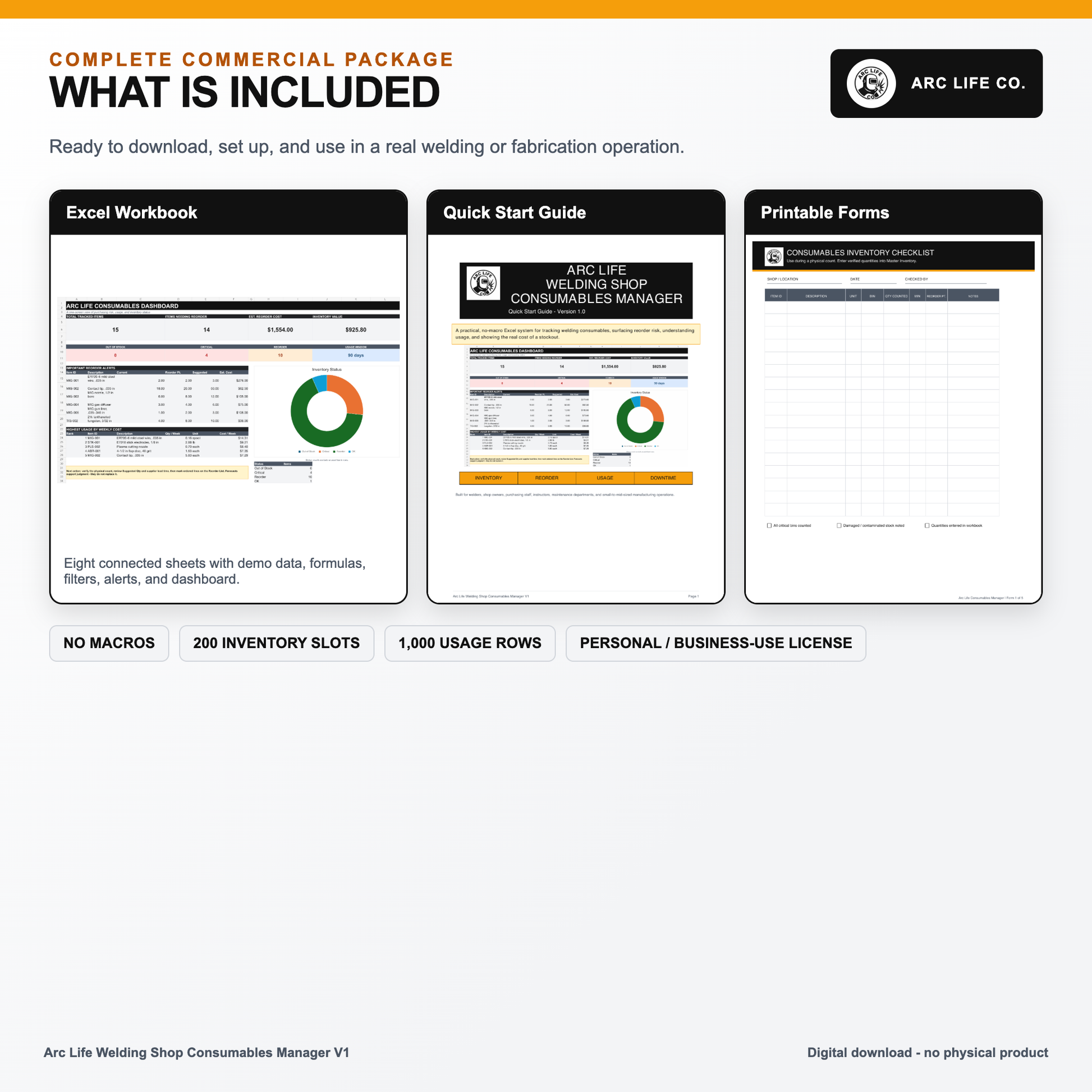 Excel consumables manager, quick start guide, printable forms, and license included in the Arc Life digital download.