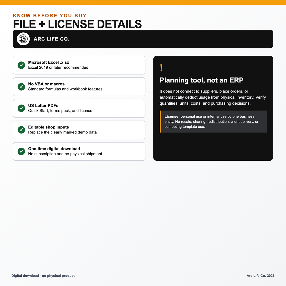 Arc Life digital product file requirements, Excel compatibility, operating limits, and one-business license.