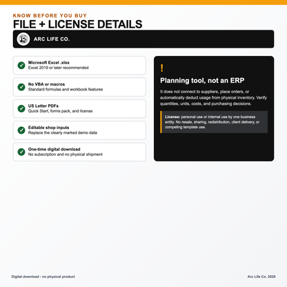 Arc Life digital product file requirements, Excel compatibility, operating limits, and one-business license.