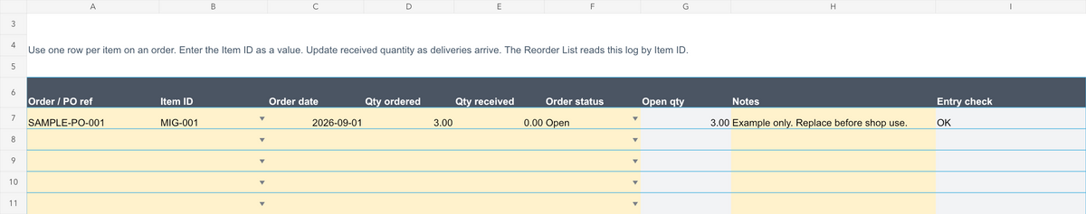 Actual Consumables Manager V1.2 Orders sheet with a labeled demonstration order