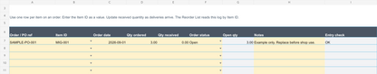 Actual Consumables Manager V1.2 Orders sheet with a labeled demonstration order