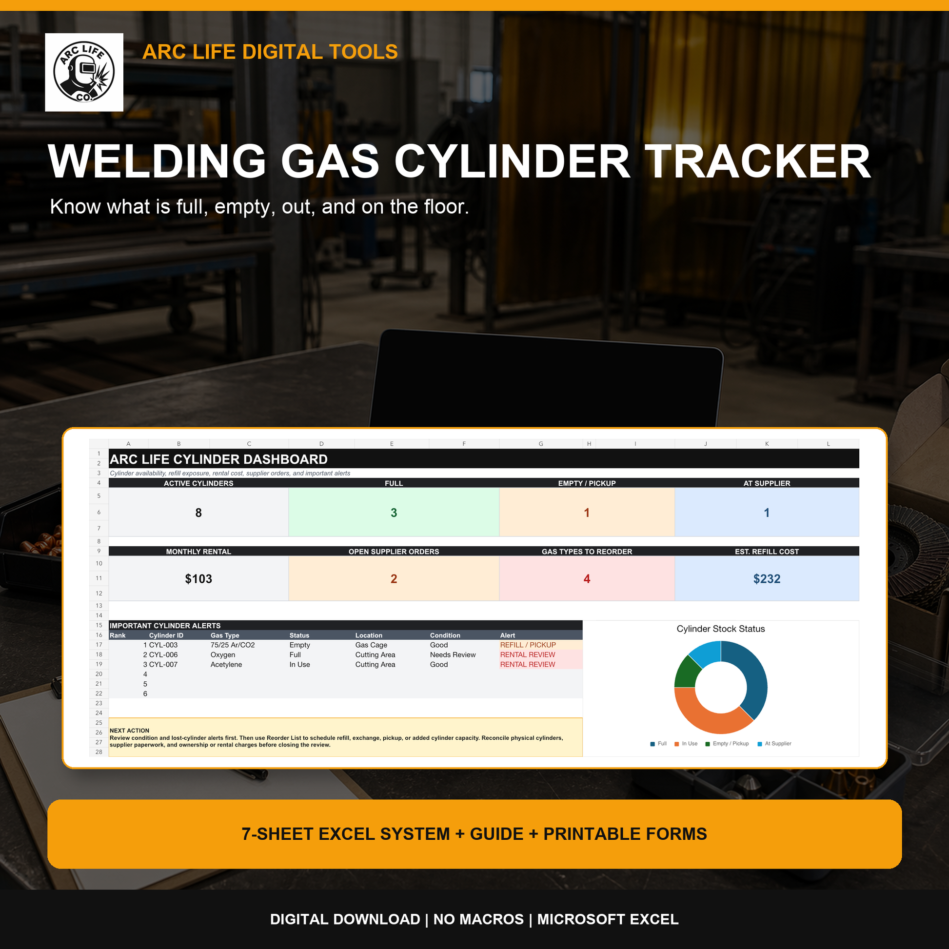 Arc Life Welding Gas Cylinder Tracker digital workbook