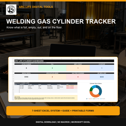 Arc Life Welding Gas Cylinder Tracker digital workbook