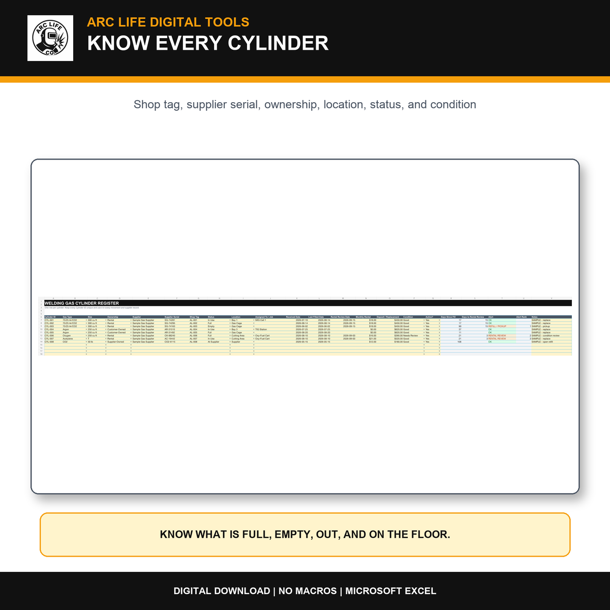 Welding gas cylinder register in Microsoft Excel