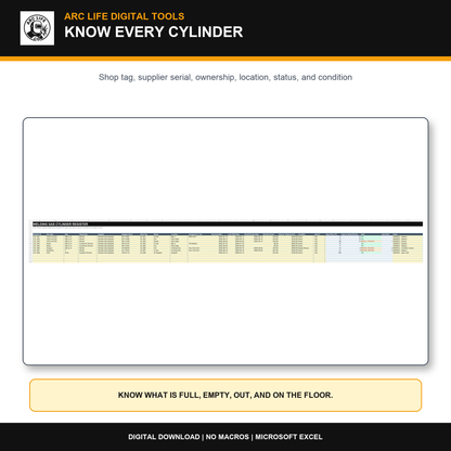 Welding gas cylinder register in Microsoft Excel