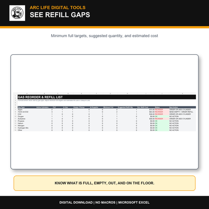Welding gas reorder and refill list