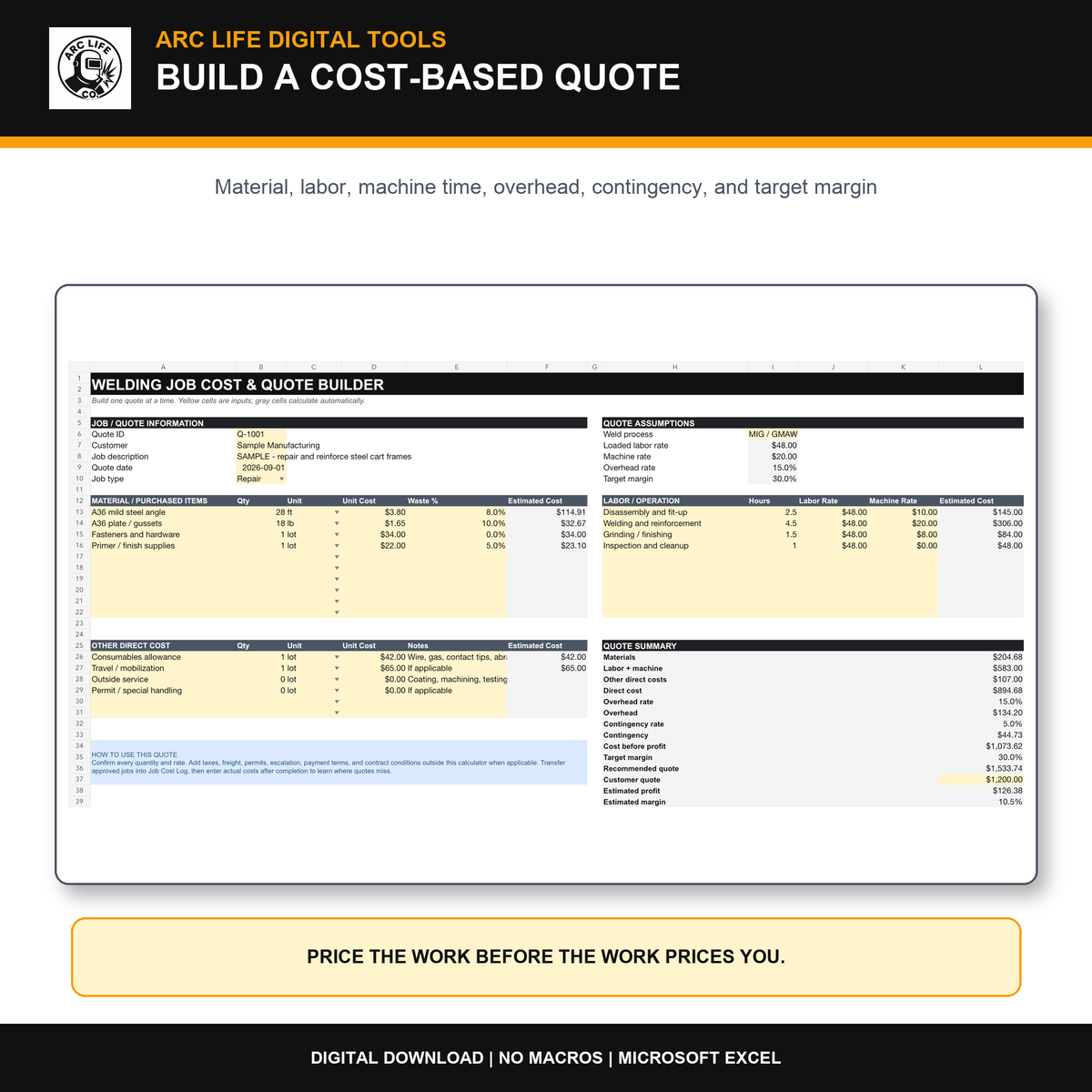 Welding job quote builder in Microsoft Excel