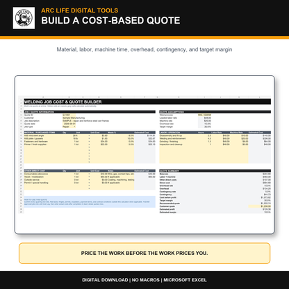 Welding job quote builder in Microsoft Excel