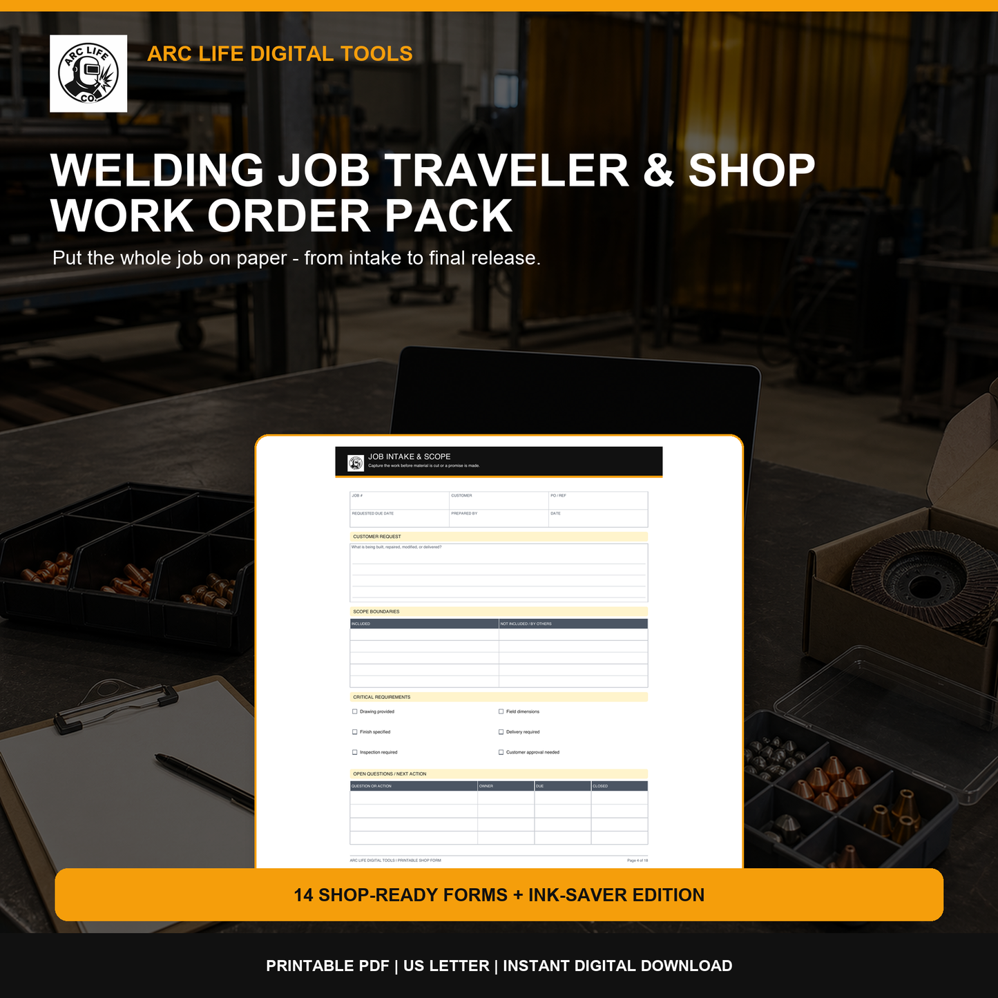 Arc Life Welding Job Traveler and Shop Work Order Pack printable PDF cover