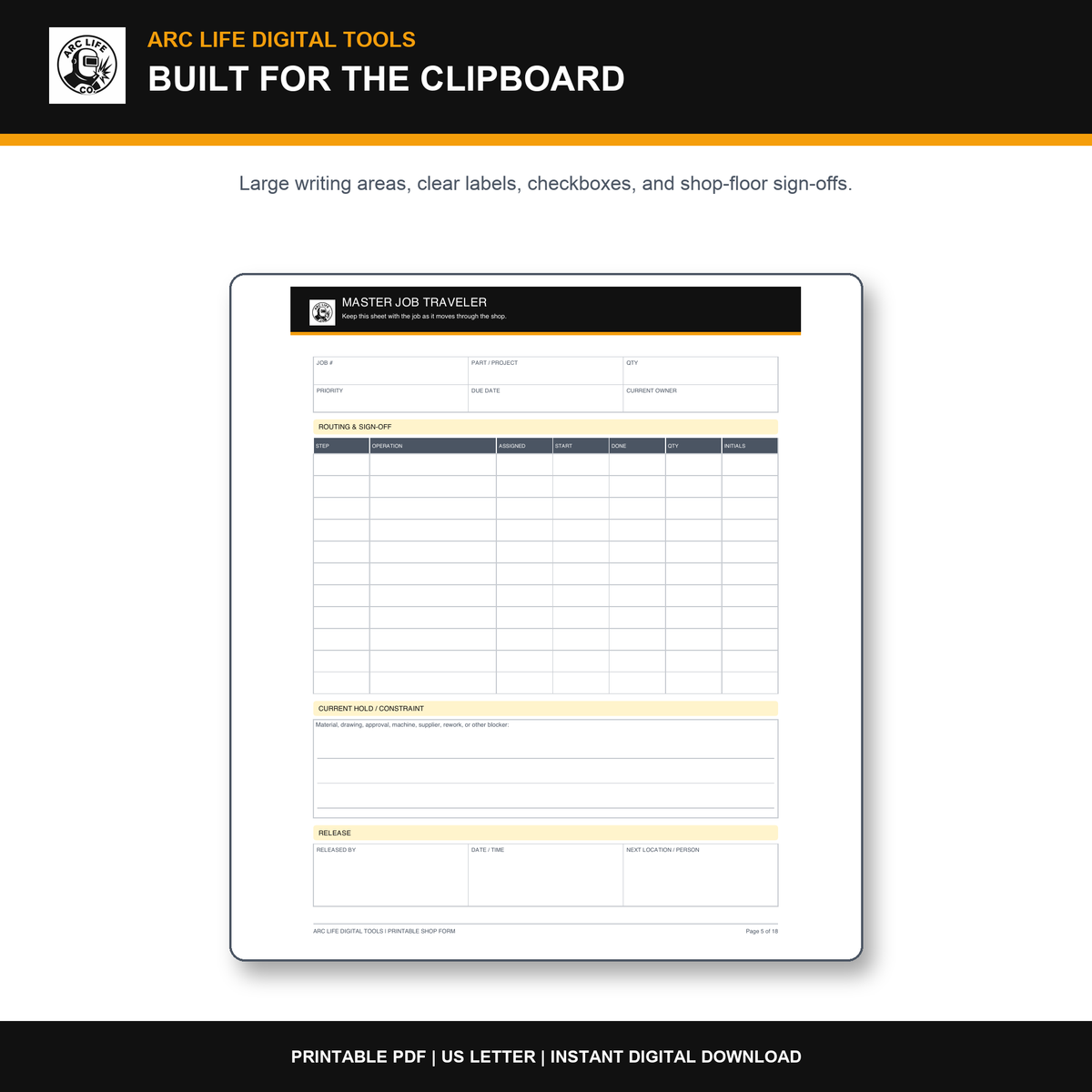 Arc Life master welding job traveler printable form preview