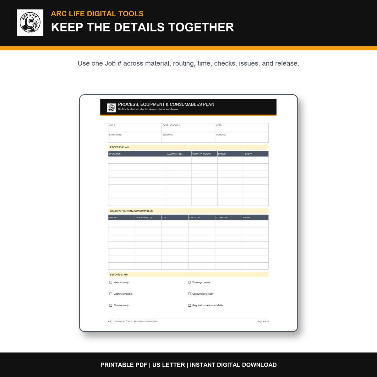 Arc Life welding job process and consumables plan printable form preview