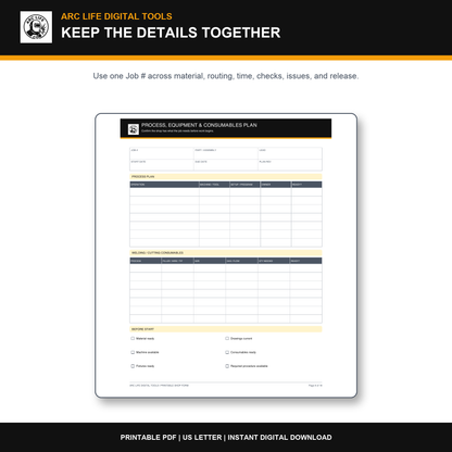 Arc Life welding job process and consumables plan printable form preview