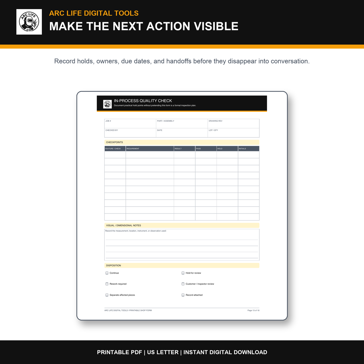 Arc Life welding in-process quality check printable form preview