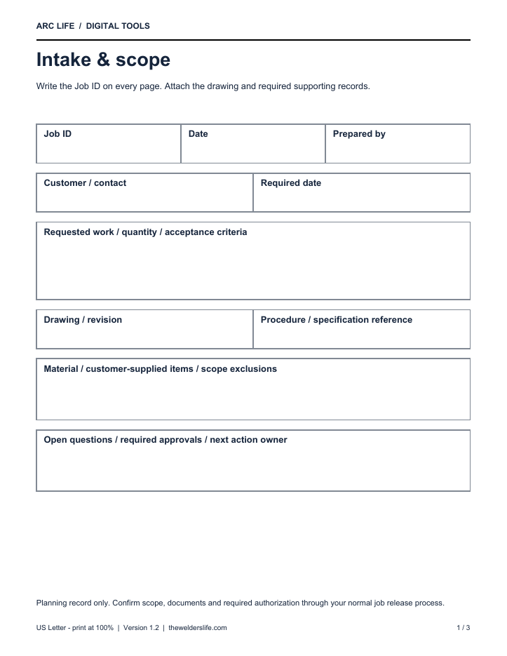Actual Job Traveler V1.2 large-print intake and scope form, page 1 of 3, included with the printable pack